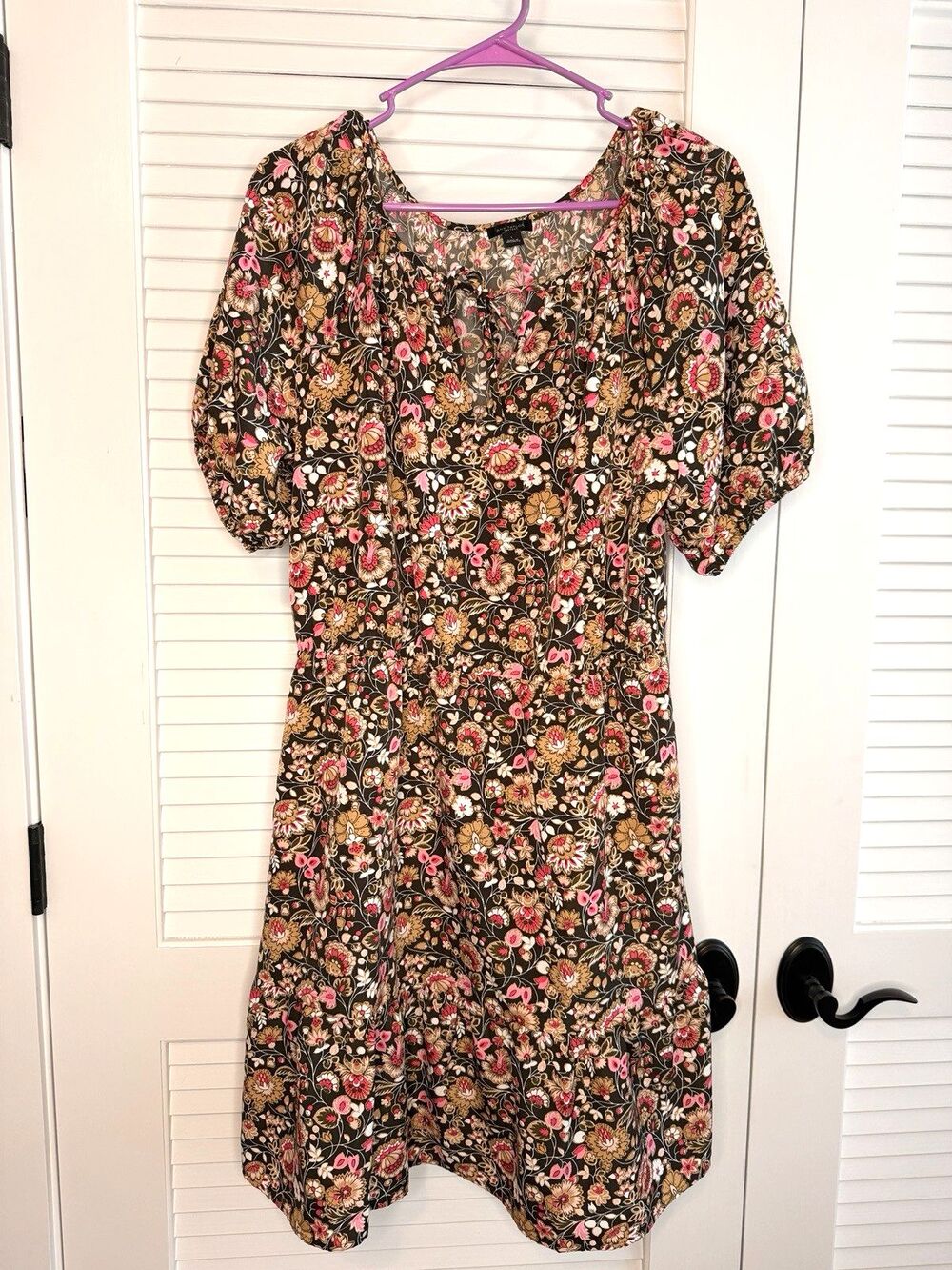 Ann Taylor Floral Fit & Flare Dress Womens L Brown Pink Puff Sleeve Cottagecore